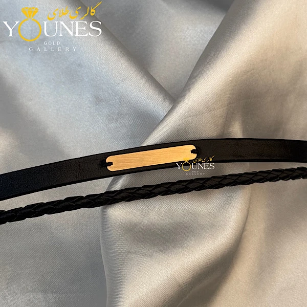 تصویر دوم دستبند چرم مردانه طلا گیس بافت مشکی